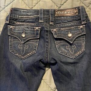 Rock Revival Dark Blue Boot Cut Jeans with Embroidered Flap Pockets